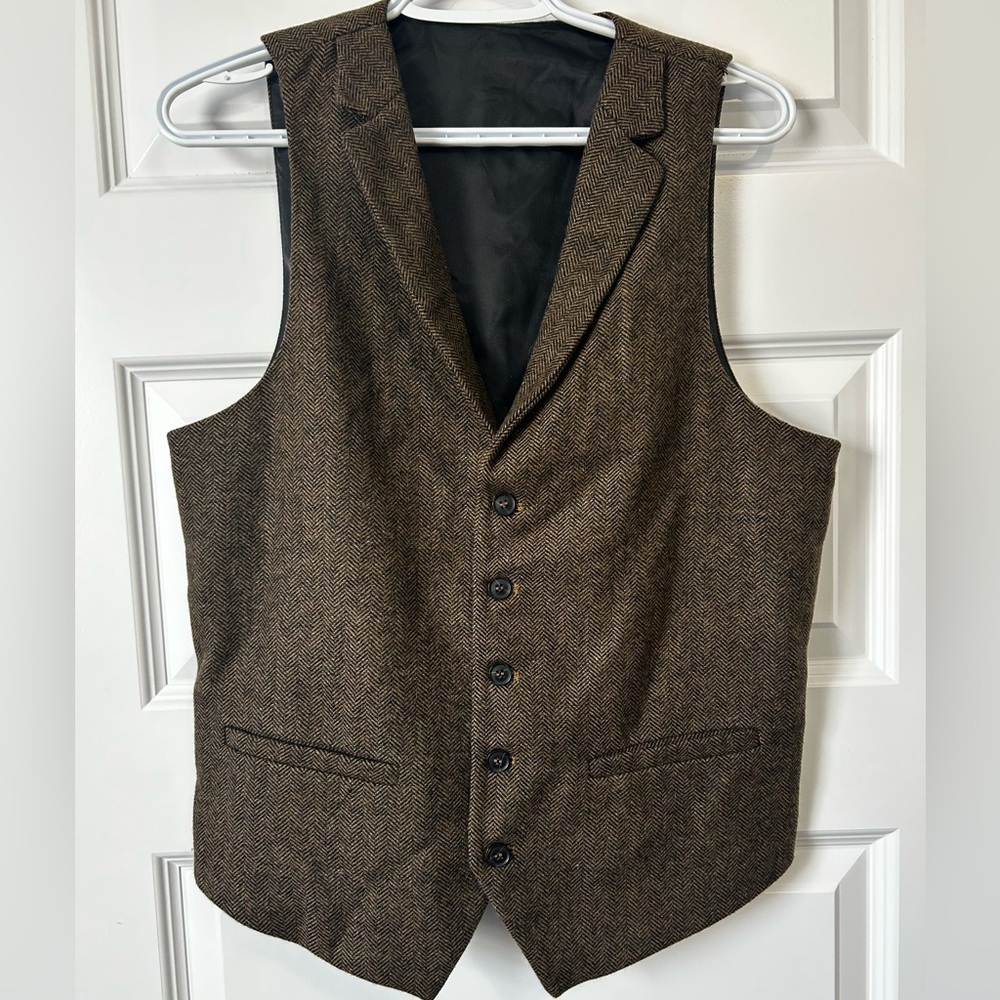 Wool Blend Brown Herringbone Suit Vest